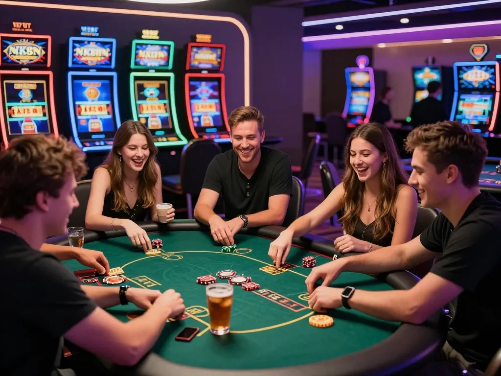 Group of friends enjoying nk88 win at a vibrant casino table with colorful machines.