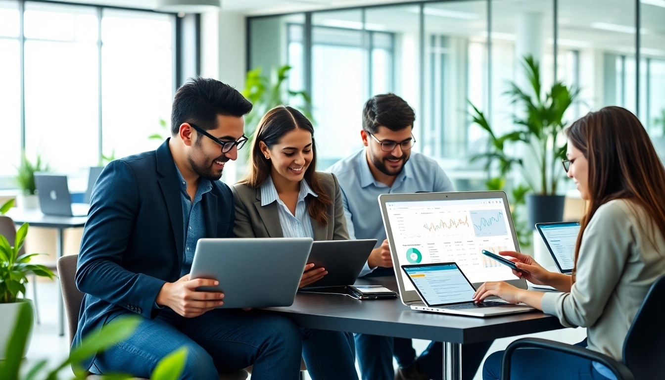 Collaborative team using an enterprise assistant saas platform in a modern office space.