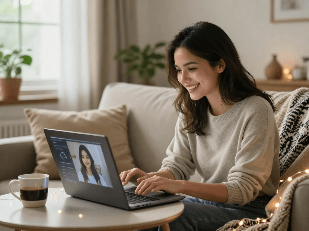 girlfriend ai interface on laptop capturing connection in a cozy home setting