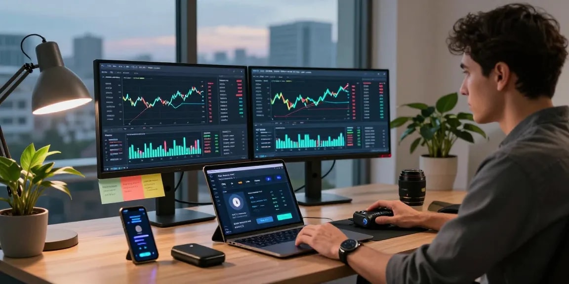 Mining crypto online in a modern workspace with digital wallet, cryptocurrency charts, and trading analytics.