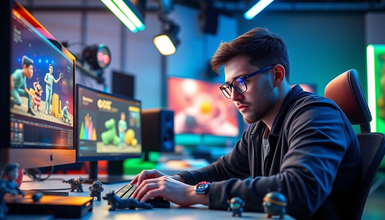 3D Animation character creation process in a vibrant studio environment.