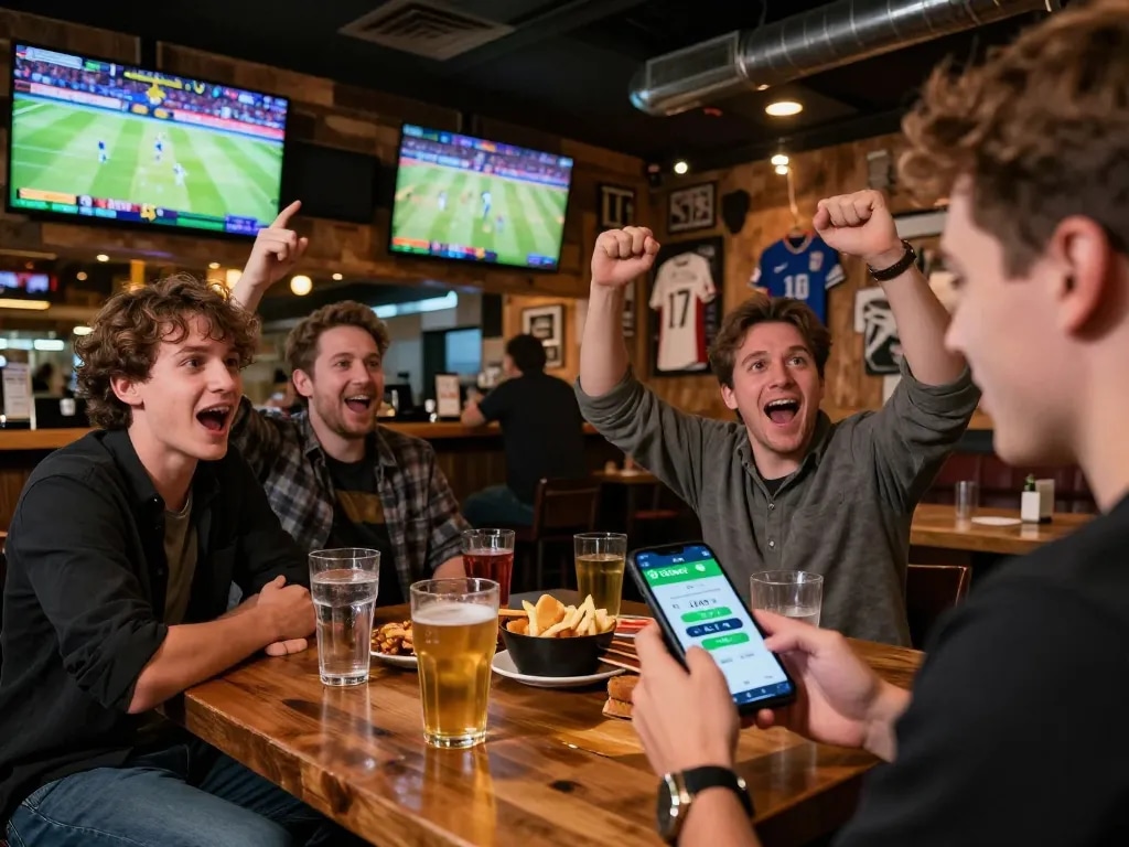 Enjoying sports betting with the sbobet app at a lively sports bar.