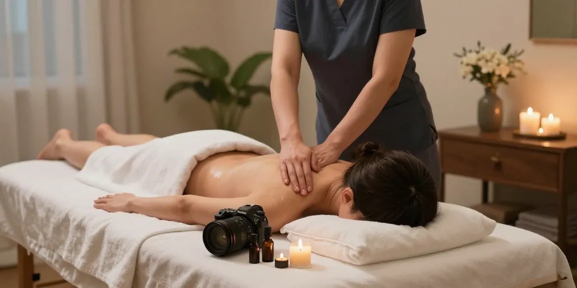 마사지 치료 중인 고객과 편안한 마사지실 모습