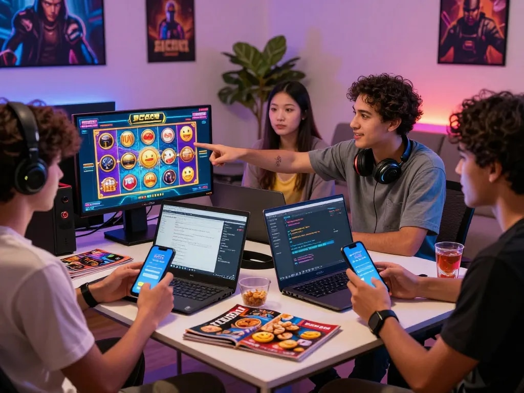 Excited players engaged in slot gacor gaming with devices, enjoying a lively atmosphere.