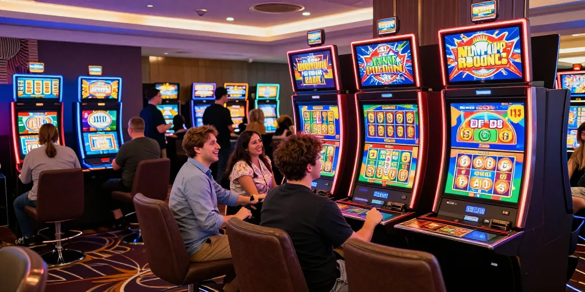 Diverse players celebrating wins at a lively non UK casino, showcasing vibrant games and a festive atmosphere.