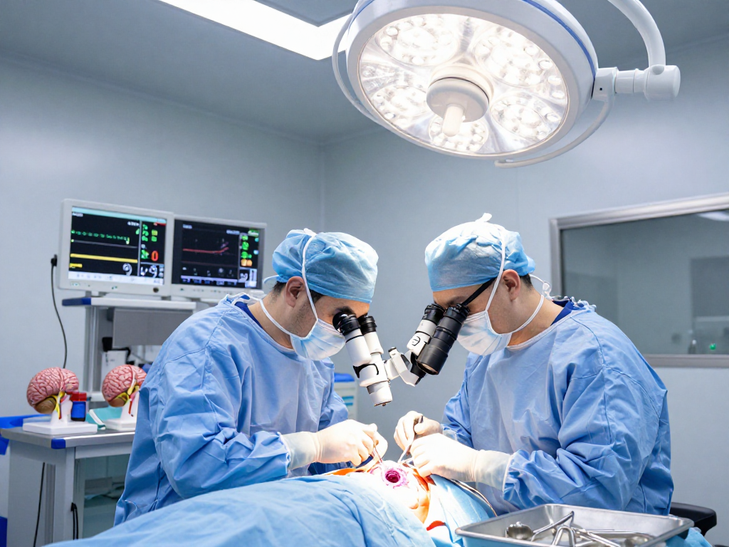 Beyin tümörü ameliyatı in a sterile operating room, showcasing precise surgical techniques and advanced medical care.