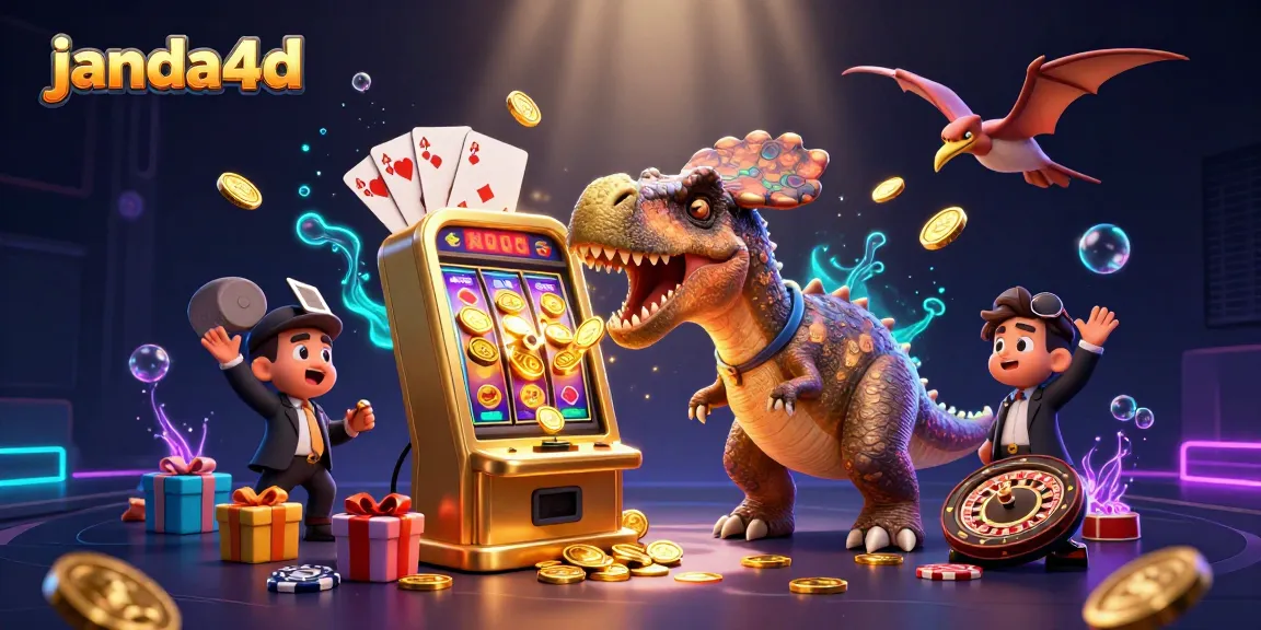 Slot jackpot janda4d dengan karakter dinosaurus dan koin emas berterbangan di kasino.