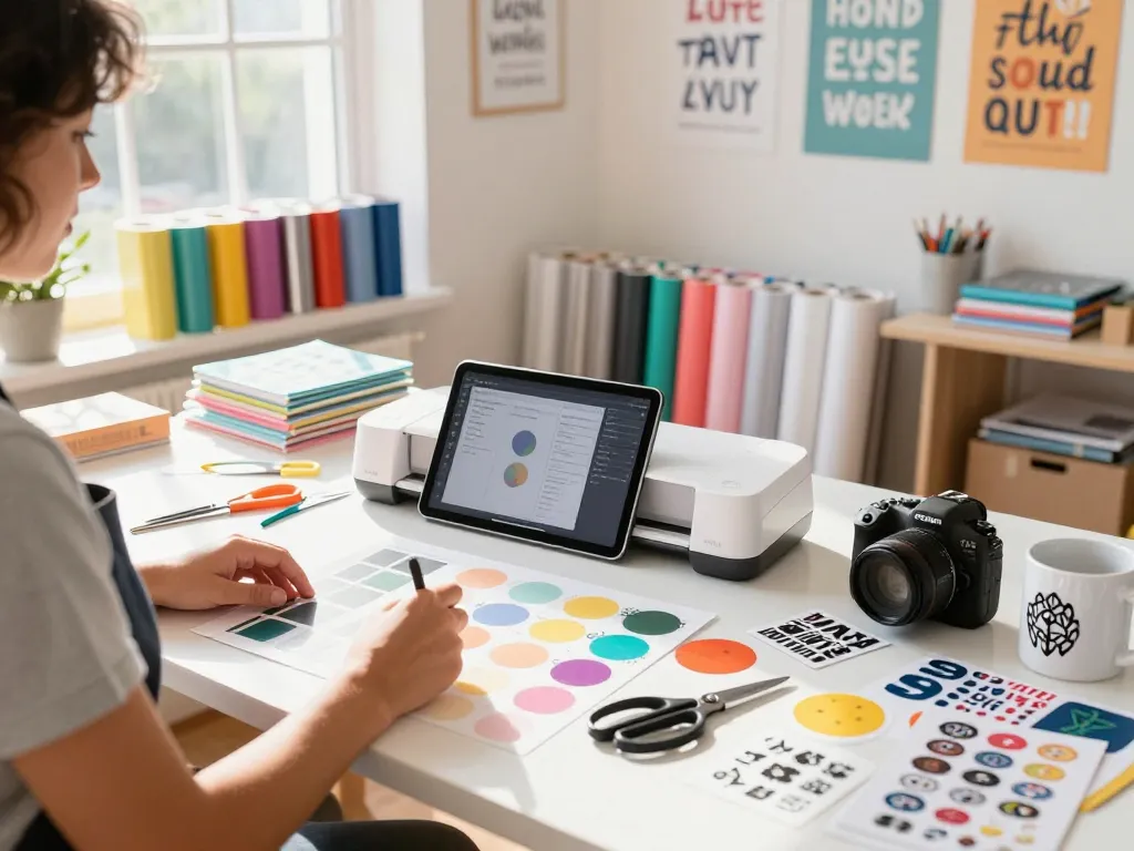 Person in a craft studio working with cricut svg bundle designs, showcasing vibrant materials and tools.