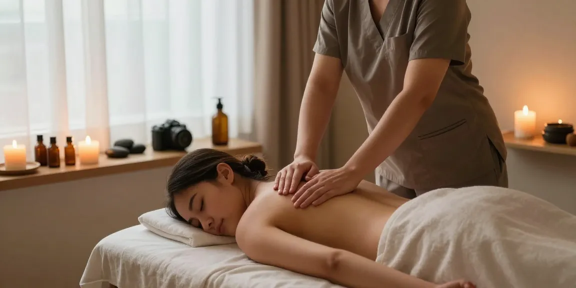 마사지 테라피 공간에서 스웨디시 마사지를 받는 모습, 아로마 캔들, 자연광으로 편안한 분위기 조성