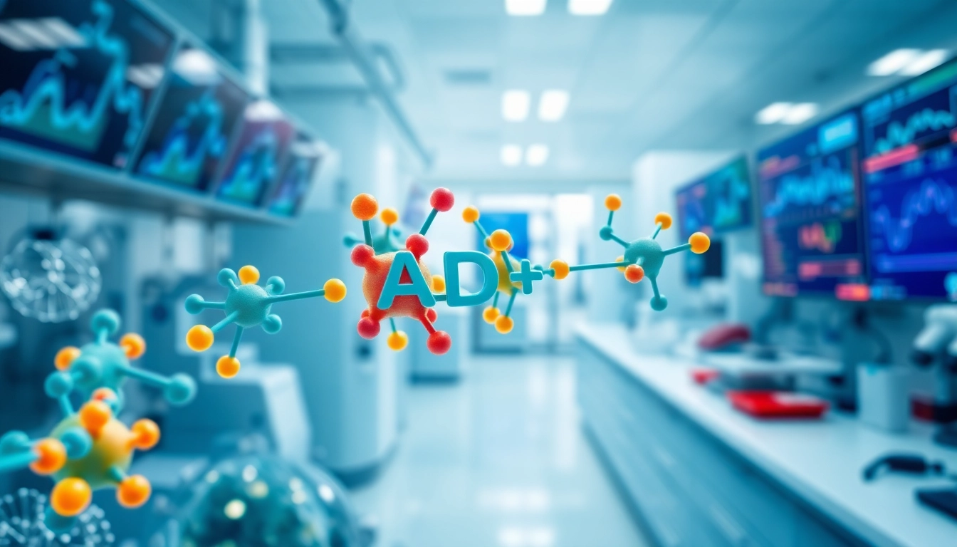 NAD+ molecules illustrated in a dynamic lab environment showcasing their interaction.