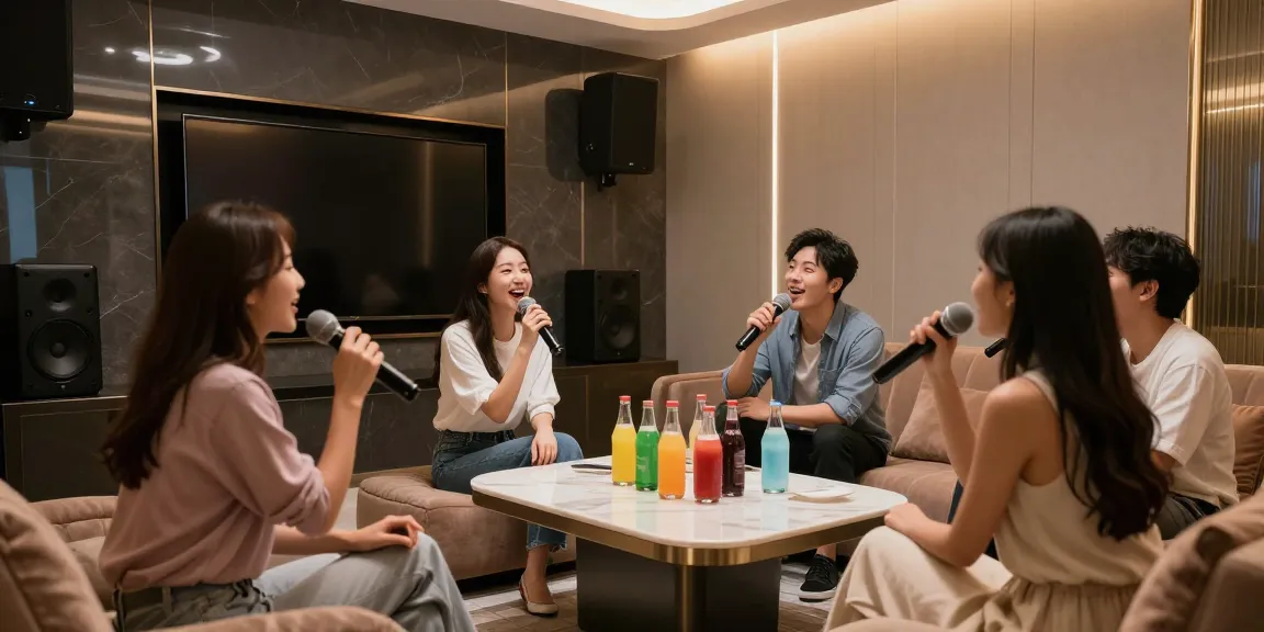 강남가라오케에서 고급스러운 분위기의 프라이빗 룸에서 친구들과 즐겁게 노래를 부르는 모습