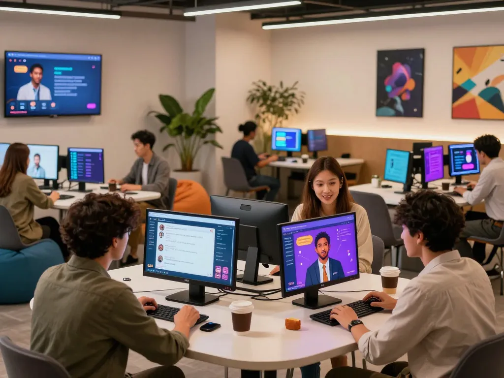 Engaging spicy chat session with AI avatars in a modern workspace.