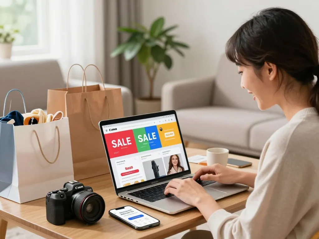 Online shopper excited about hubet88 sales and new products in a cozy living room.