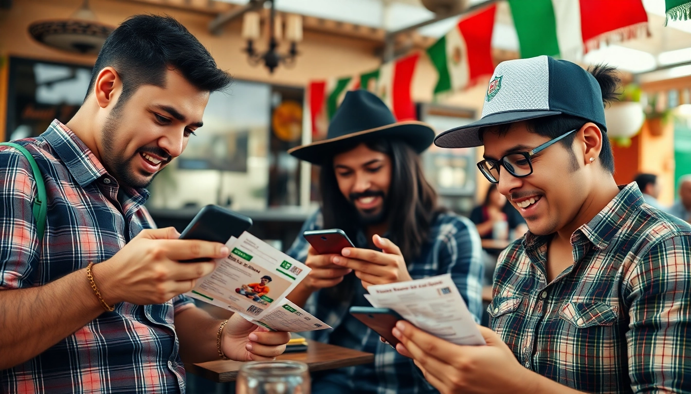 Engaged bettors enjoying sports betting Mexico at an outdoor café with festive decor.