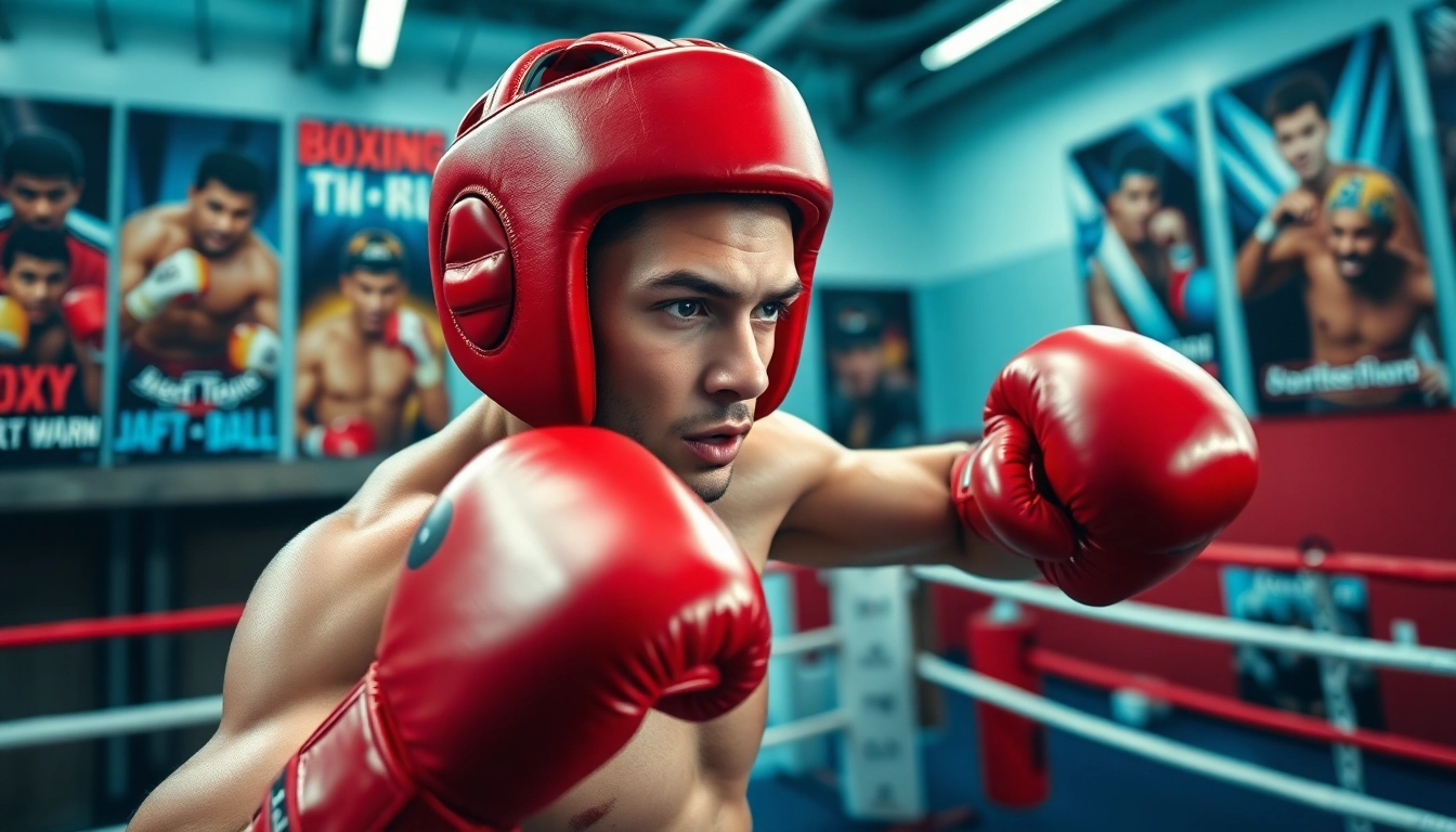 Athlet mit headgear boxing, konzentriert im Training, energiegeladen und bereit für den Wettkampf.