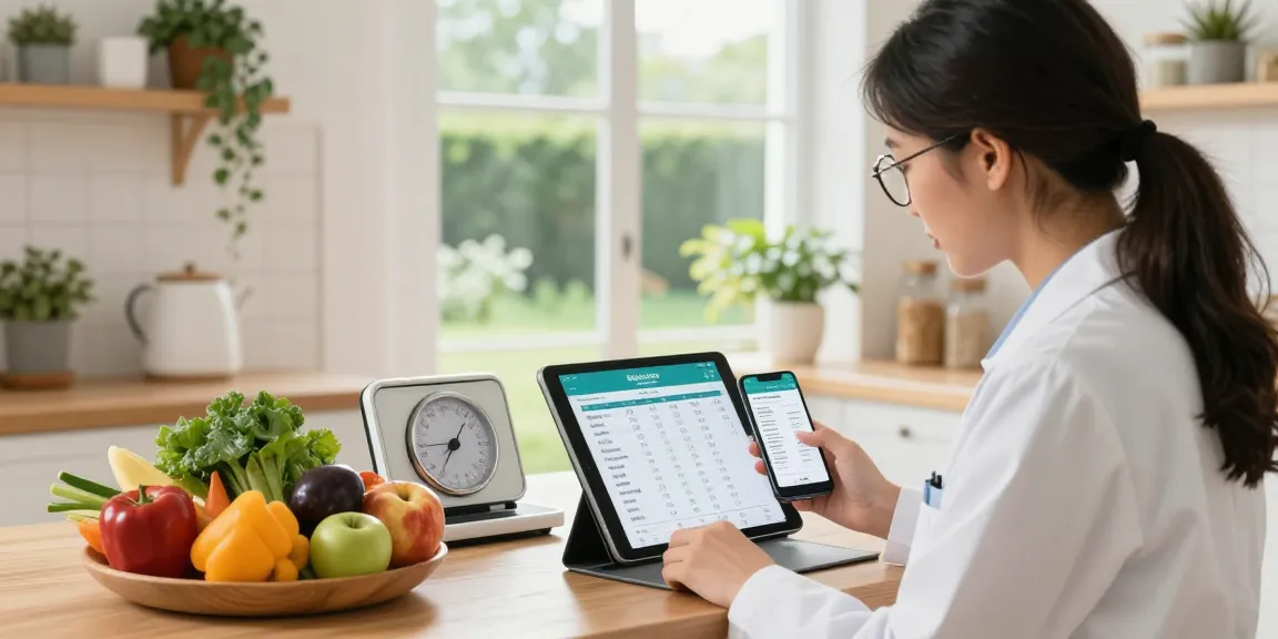 Nutritionist using the best macro tracker app in a modern kitchen, surrounded by fresh ingredients.