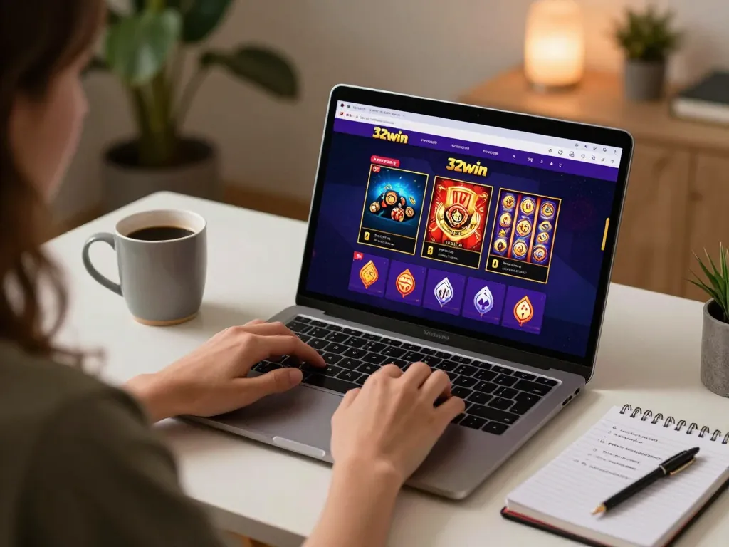 Engaging in online gambling at 32win with a cozy setup featuring a laptop and strategies at hand