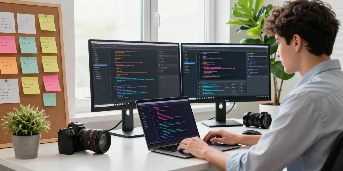 Digital workspace showcasing a developer coding on a laptop, reflecting the essence of 纸飞机中文版官网's tech focus.