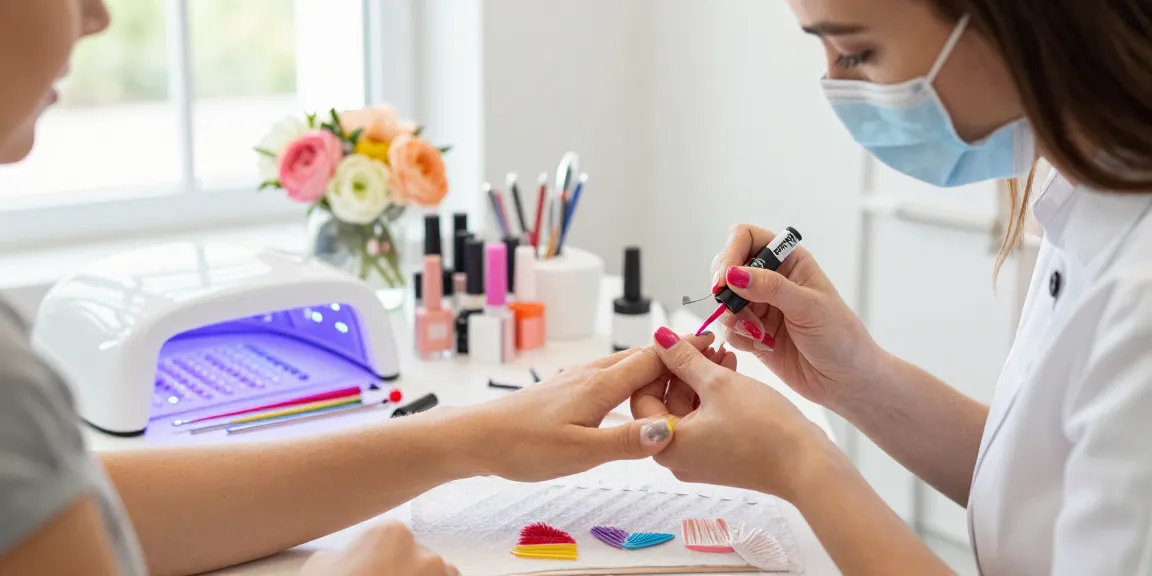 Aplicarea unui lac de unghii gel vibrant dintr-un kit unghii gel într-un salon de frumusețe luminos.