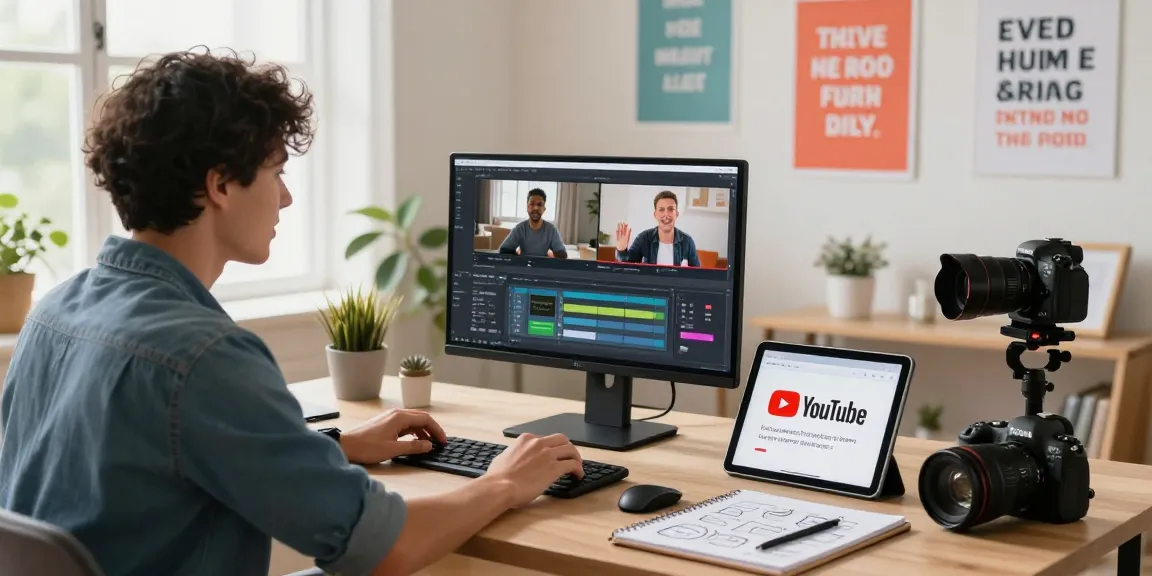 Enthusiastic content creator in a home office, showcasing an affordable YouTube likes service and creative workspace.