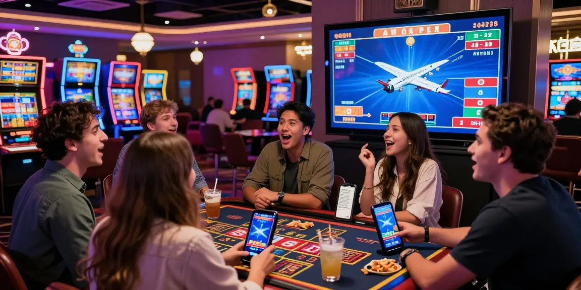 Friends enjoying the Aviator 1xbet game in a vibrant casino setting, showcasing excitement and thrill.