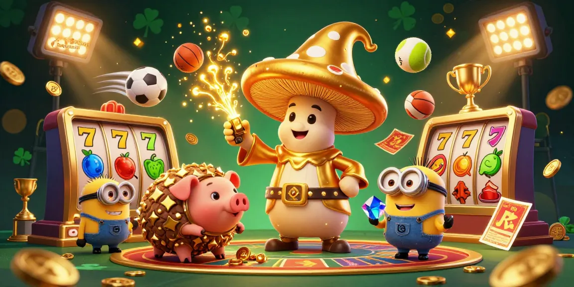 Experience thrilling slot gacor malam ini with a magical golden mushroom wizard and treasures in a vibrant casino scene.