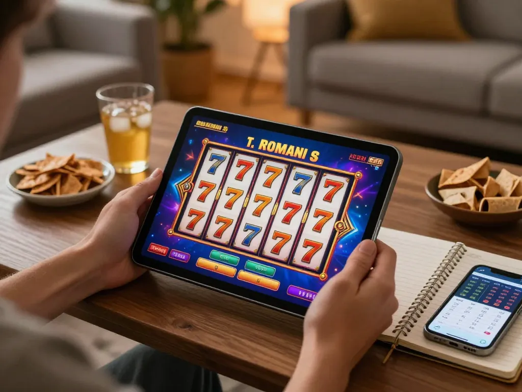 Playing slot 777 on a tablet with colorful graphics in a cozy home setting.