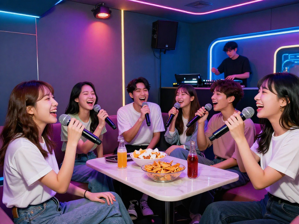 도파민 가라오케에서 친구들과 신나는 노래를 부르며 즐거운 시간을 보내는 모습.
