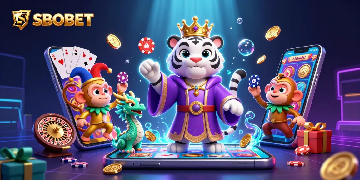 SBOBET spins excitement with a lively cartoon tiger and monkey in a dynamic casino scene.