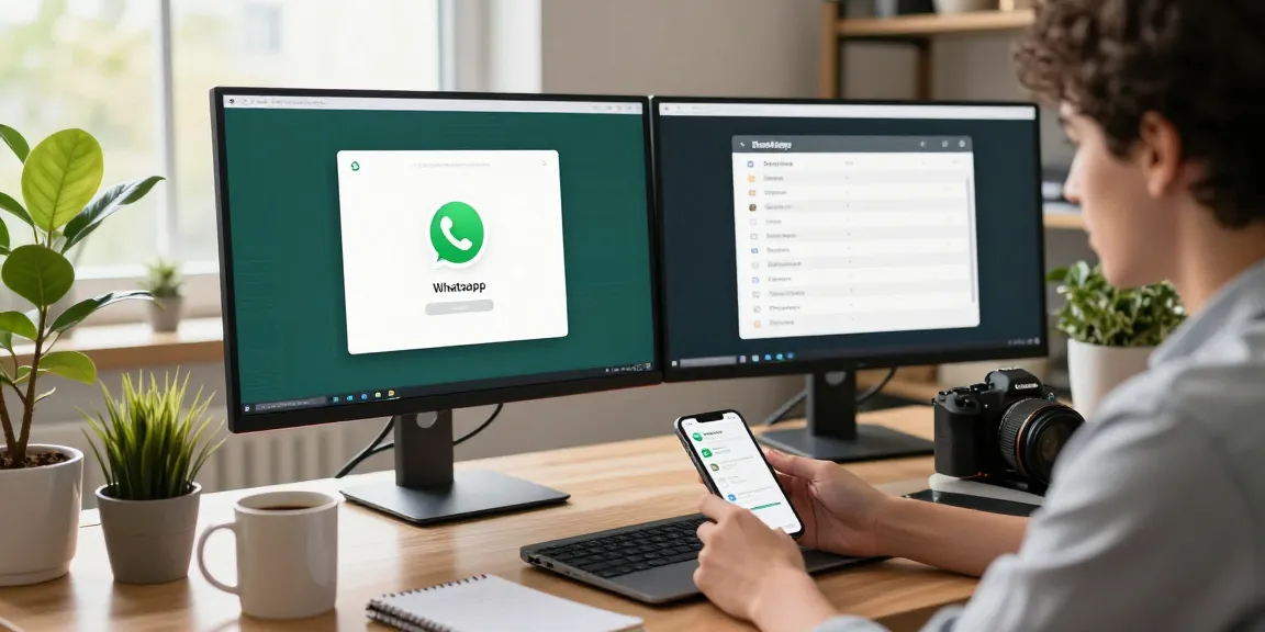 WhatsApp下載 process on a laptop in a modern office setting with dual monitors.