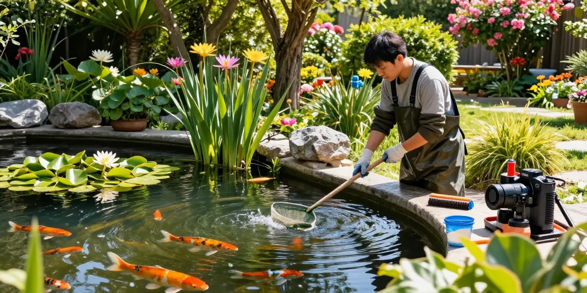 Pond Clean Kent service with technician cleaning a backyard pond surrounded by aquatic plants and sunlight in a serene garden.