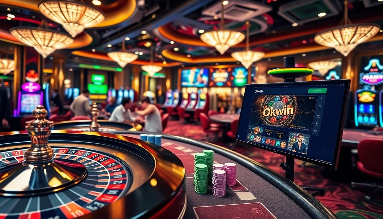 Engaging players enjoy games at Okwin online casino with vibrant roulette and poker tables.