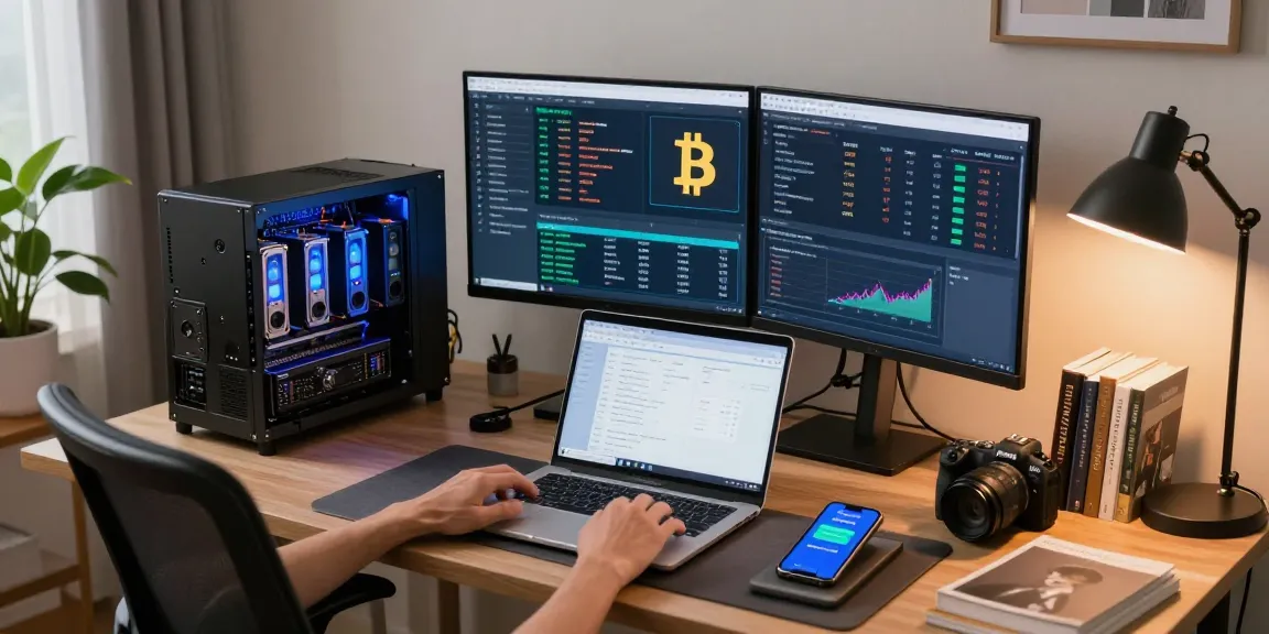 Bitcoin mining online workspace showcasing mining rig performance, cryptocurrency analysis tools, and digital wallet notifications.