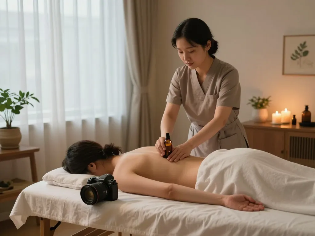 Massage therapist providing 삼성동마사지 in a serene spa environment with soft lighting.