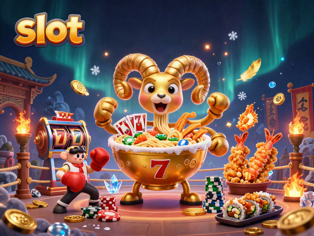 Slot yang lucu dengan karakter ramen berwarna emas dan chip yang menarik bagi pemain judi.
