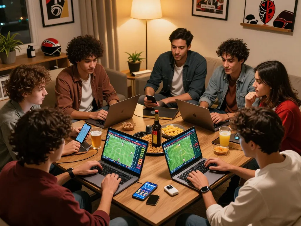 Friends engaged in sports betting using vidyasewingmachine odds on laptops and smartphones in a lively atmosphere.