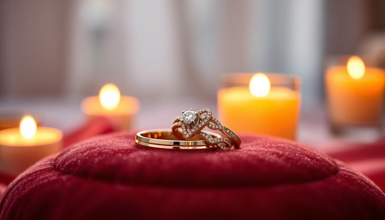 Showcasing elegant wedding rings with intricate designs on a velvet cushion.