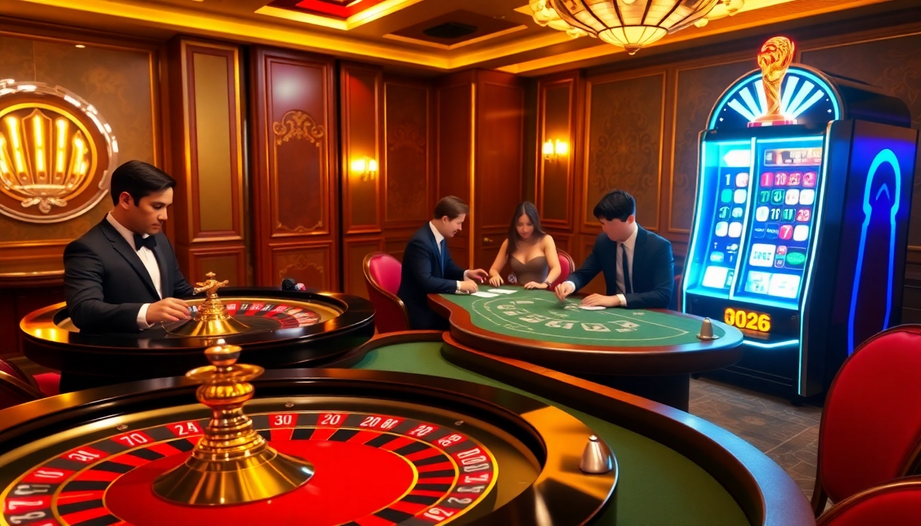 The hidden wiki 2026 showcases a luxurious casino atmosphere with poker tables, roulette wheels, and engaged players.