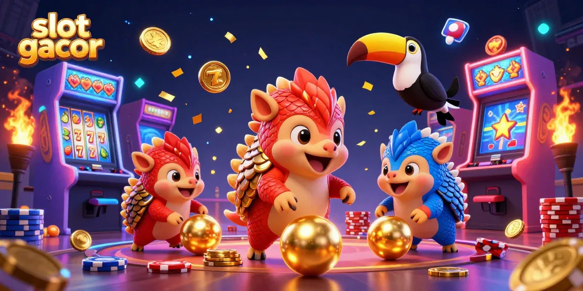 Engage with slot gacor excitement as rival pangolins roll golden balls amidst vibrant slot machines in this dynamic illustration.