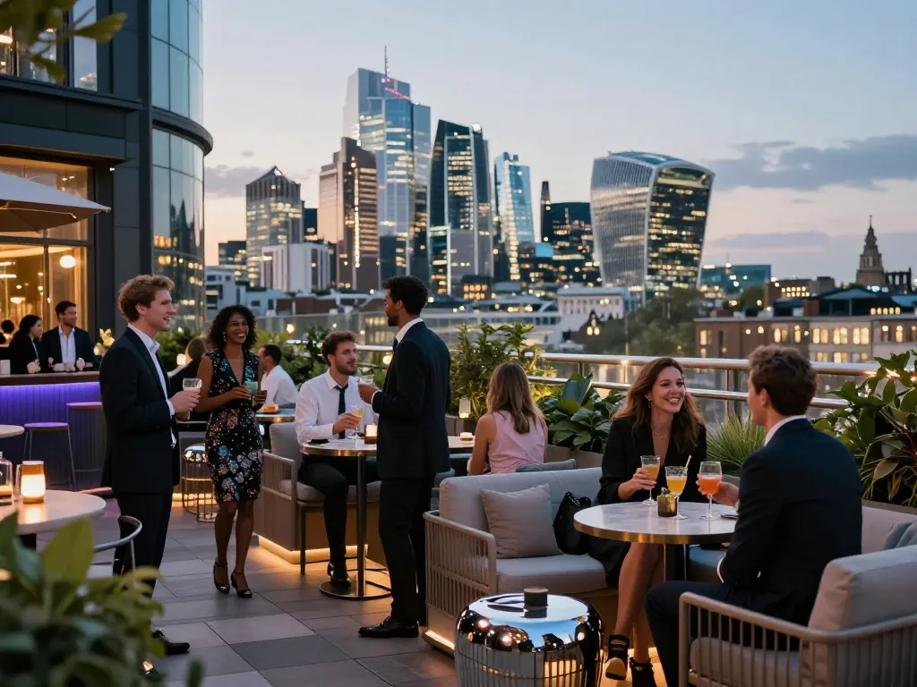 Best things to do in London include enjoying cocktails at a trendy rooftop bar with stunning skyline views.