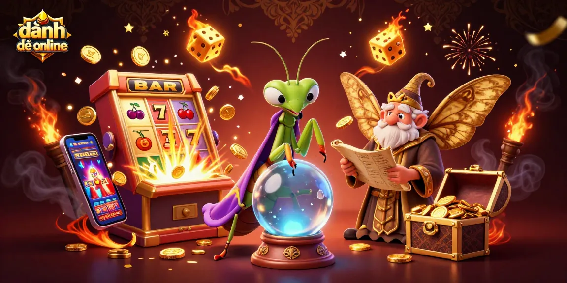 Play đánh đề online and witness a mystic scene with a fortune teller, ancient scrolls, and vibrant game symbols.