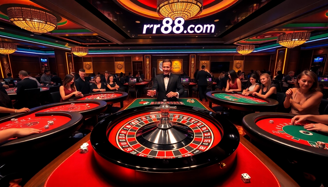Excited gamblers at rr88 com roulette table, showcasing vibrant colors and thrilling atmosphere.