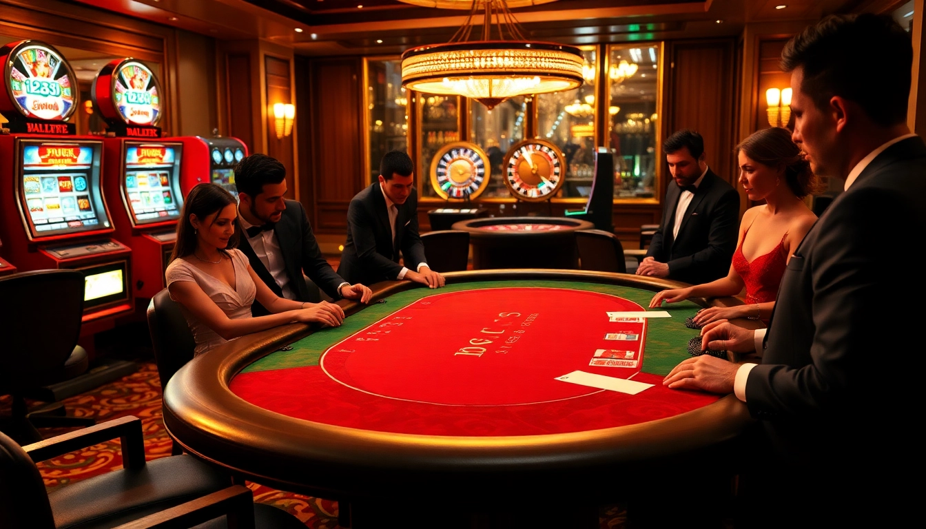 Gamblers strategizing at the BJ38 poker table with vibrant chips and lively atmosphere.