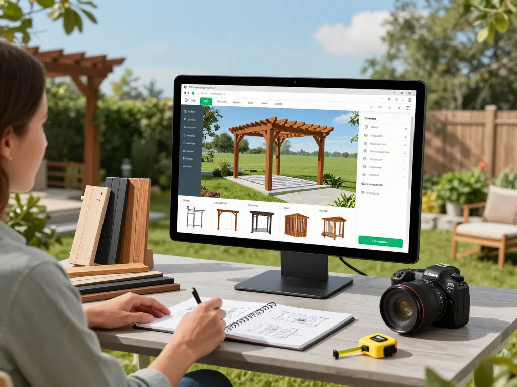 Engaging with pergola configurator software to design a custom outdoor structure, featuring 3D models and physical material samples.