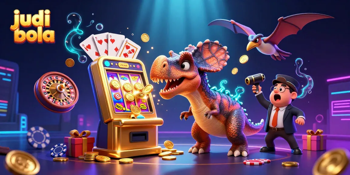 Engaging scene of judi bola with cartoon characters at a vibrant casino setting, featuring dynamic slot machine action.