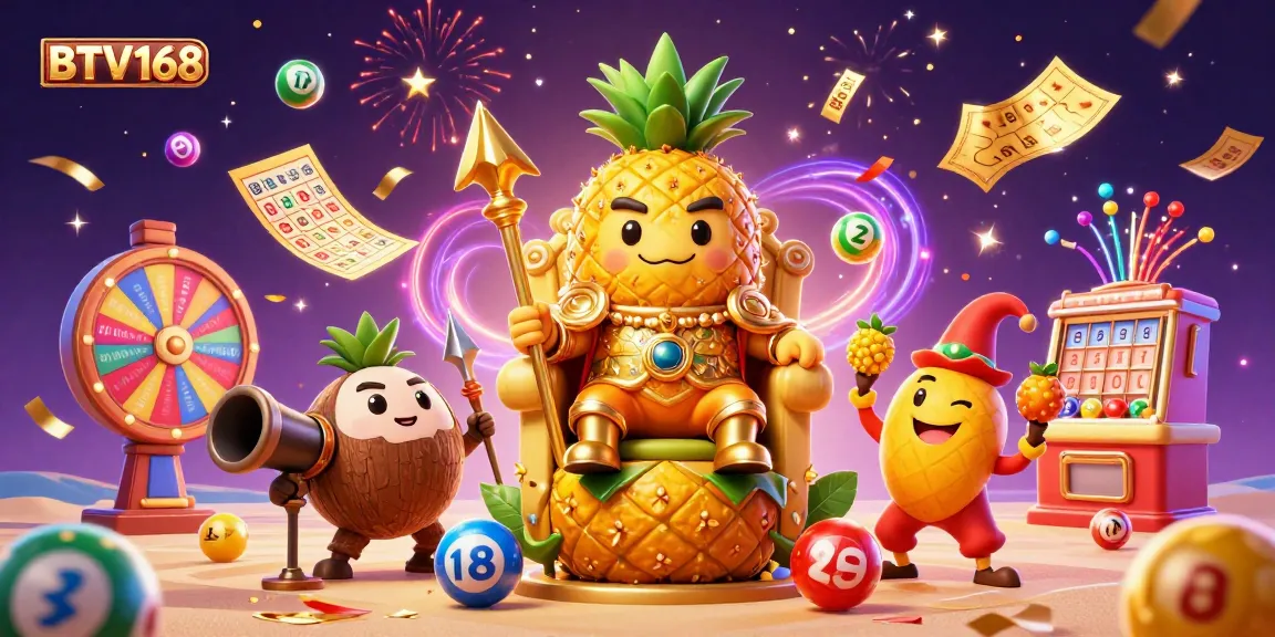 Engage with the BTV168 casino scene featuring the golden pineapple king and vibrant game elements.