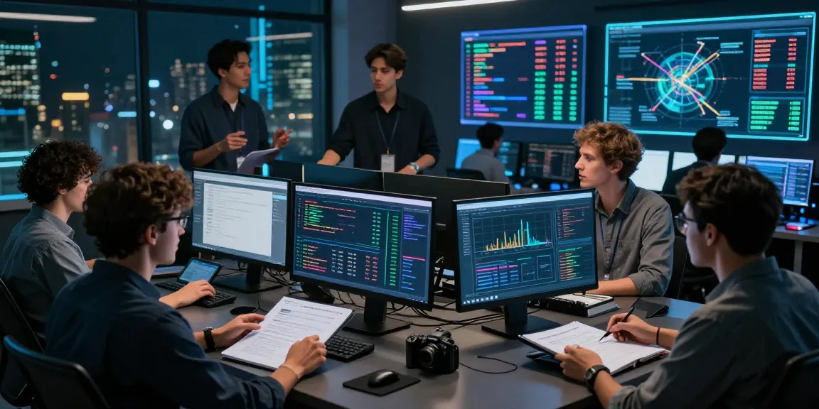 Team of digital security analysts evaluating verified darknet market links 2026 in a high-tech workspace with multiple monitors and charts.
