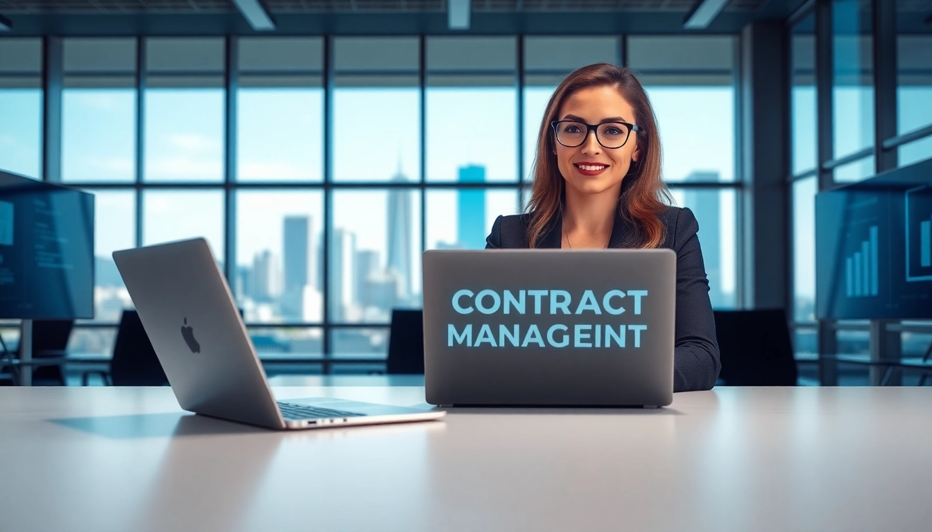 Engaging scene of contract management software in action, showcasing a modern workspace.