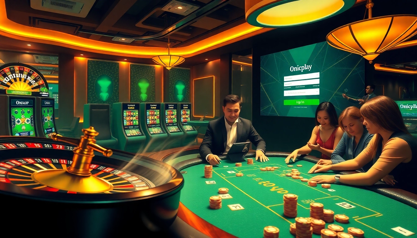 Experience the excitement of onicplay login surrounded by vibrant gambling elements like chips and roulette wheels.