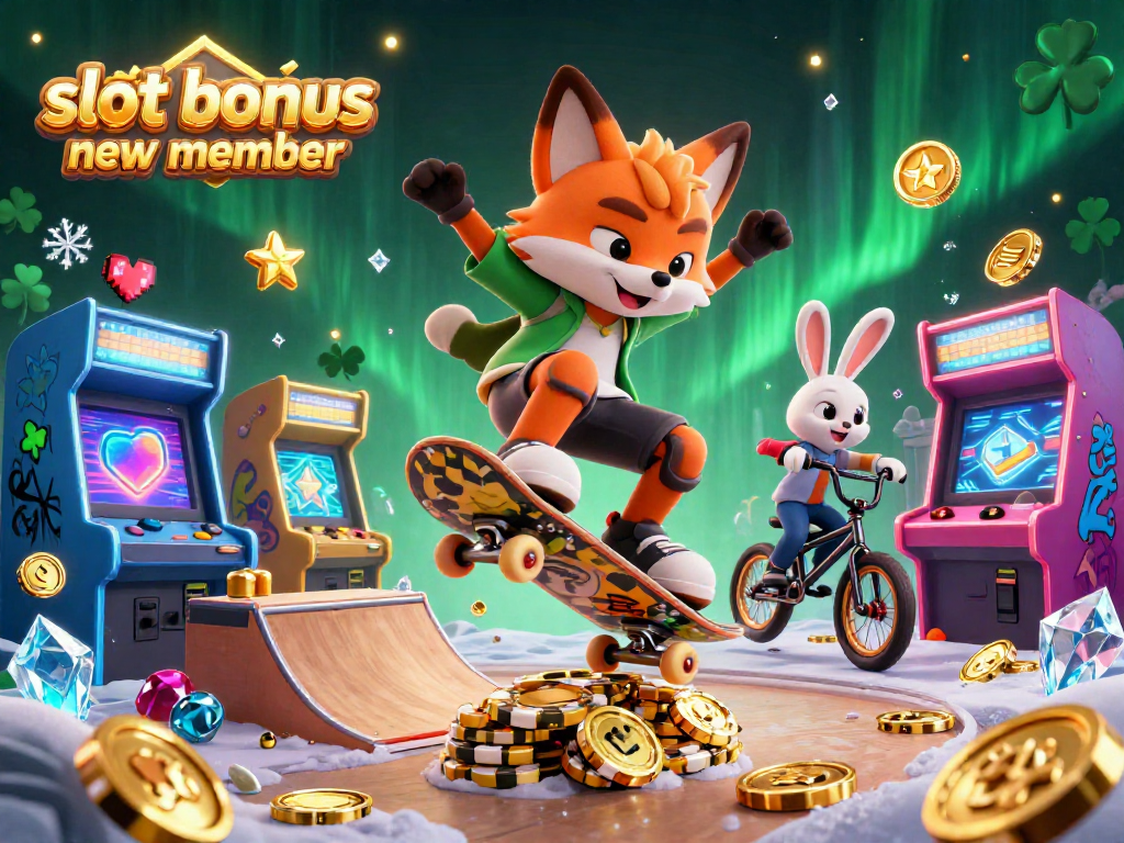 Engage with slot bonus new member as a 3D cartoon fox performs tricks amidst vibrant casino graphics.